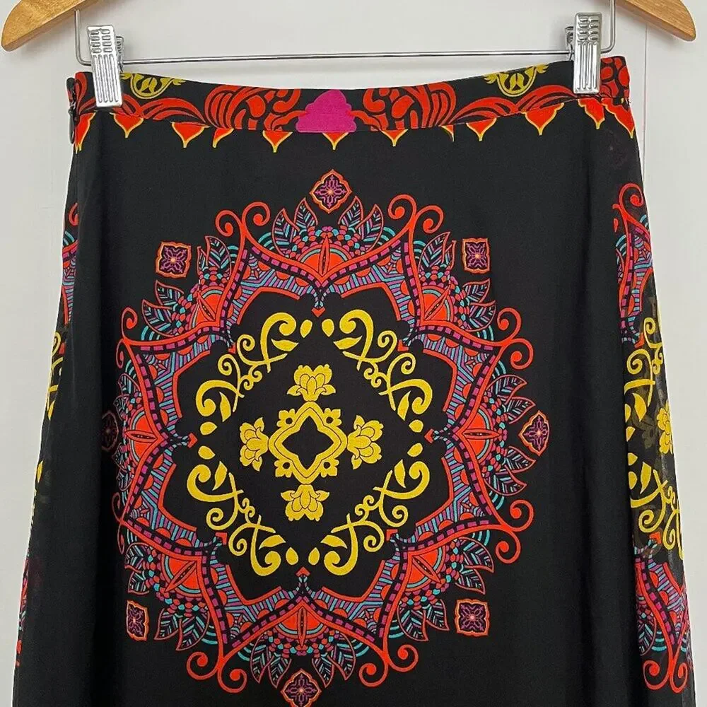 Bebe Maxi Skirt Pleated Chiffon Flowy Boho Colorful Bohemian Size 8 Black Multi